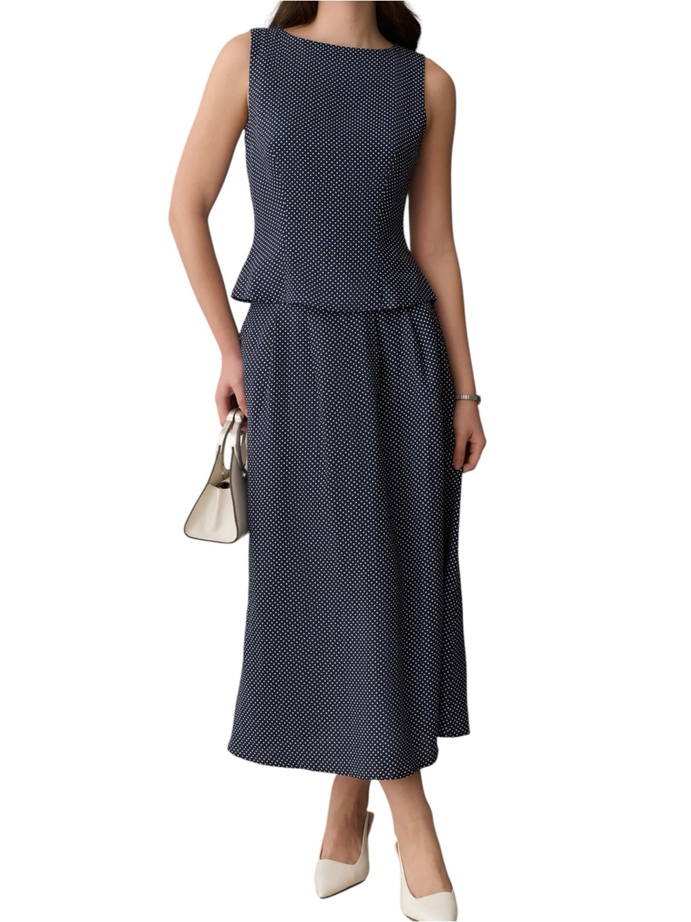 Few Moda o.p.t. Aveline Linen Set Navy Polka Dot Midi Skirt NWT